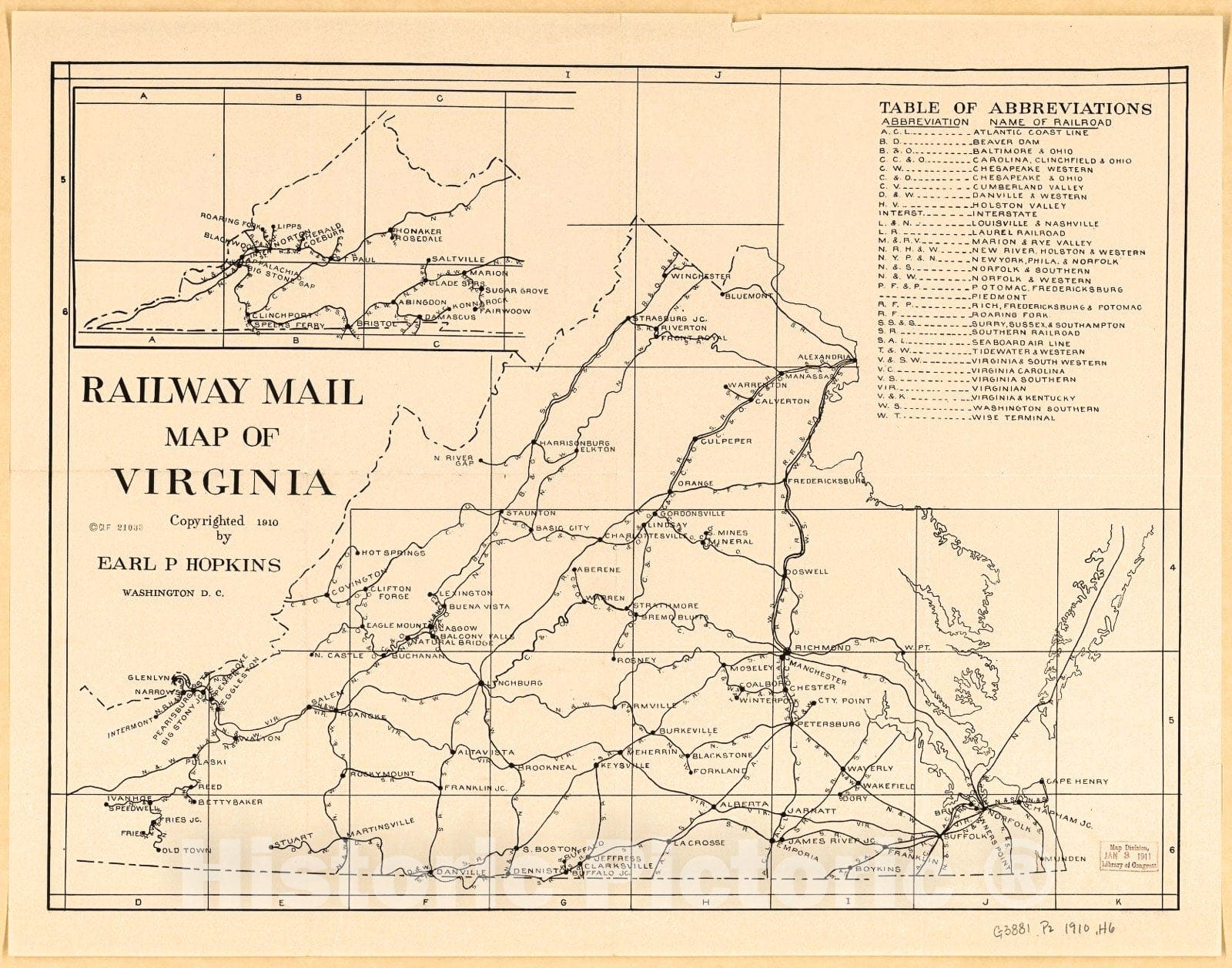 Historic 1910 Map - Railway Mail map of Virginia