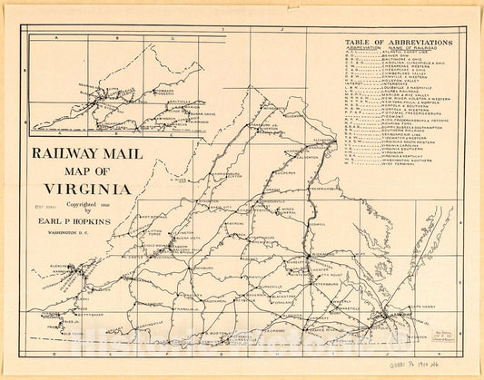 Historic 1910 Map - Railway Mail map of Virginia