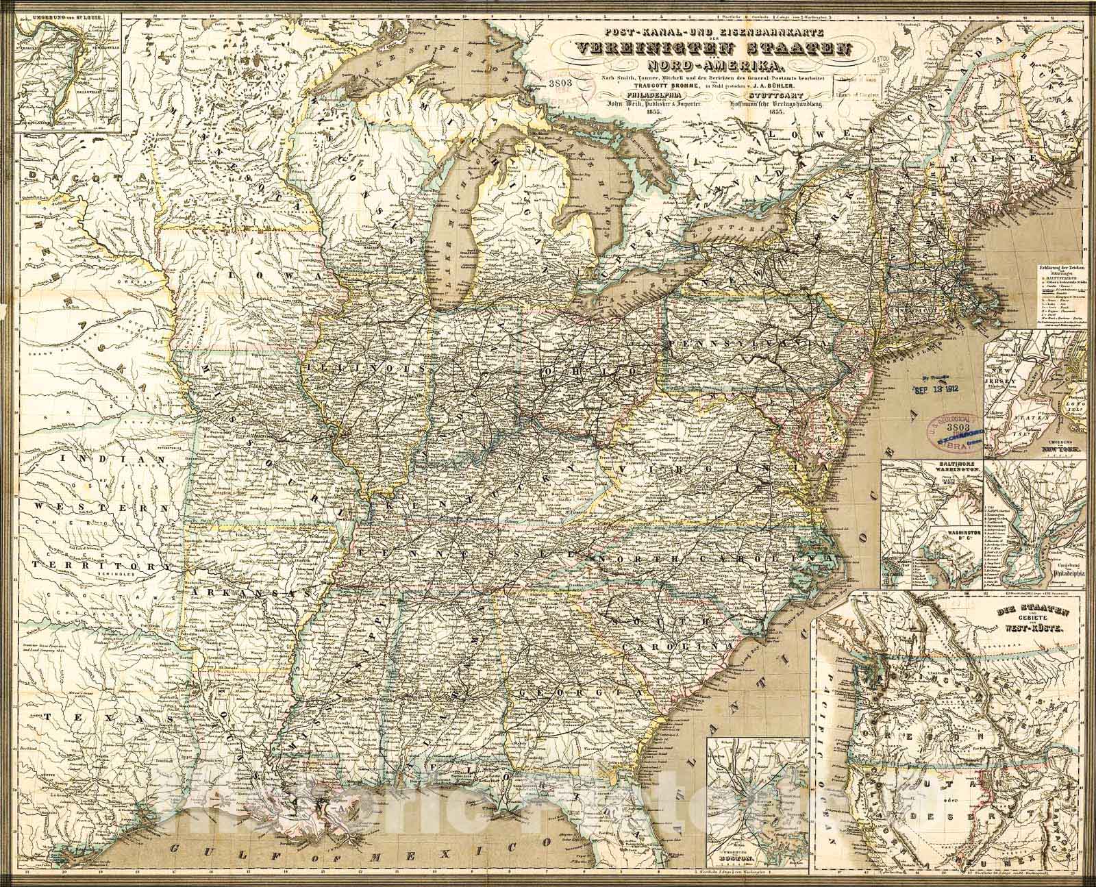 Historic 1855 Map - Post-kanal-und eisenbahnkarte der verbeinigten staaten von nord-Amerika.