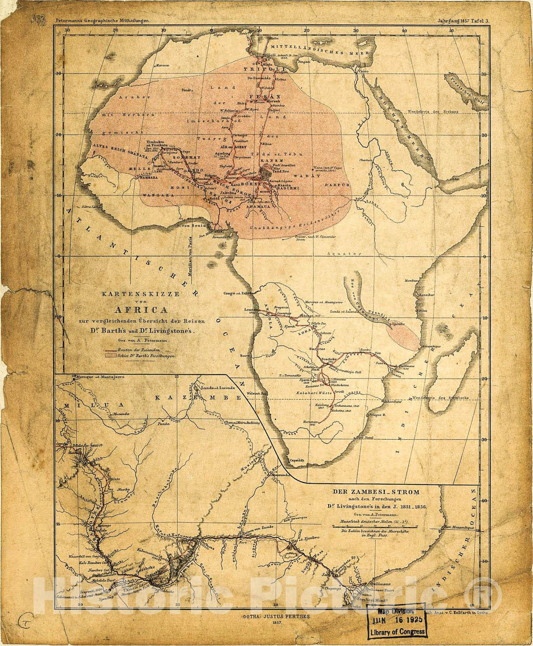 Historic 1857 Map - Kartenskizze von Africa zur vergleichenden Ãœbersicht der Reisen Dr. Barth's und Dr. Livingstone's.