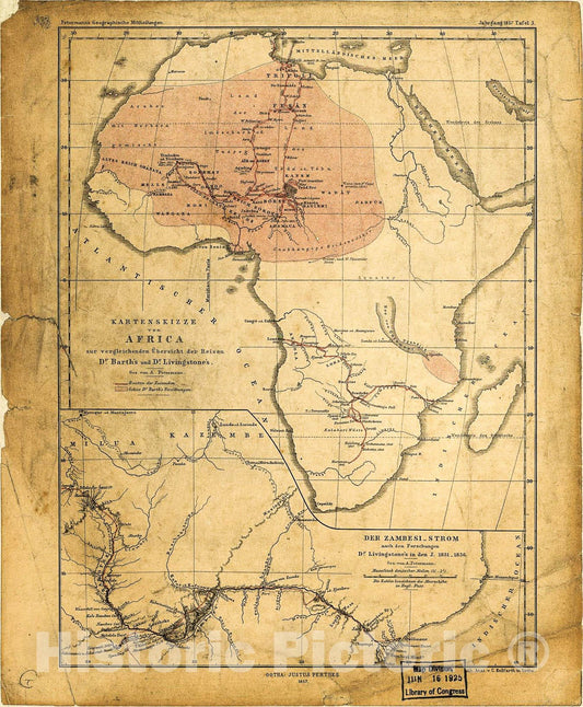 Historic 1857 Map - Kartenskizze von Africa zur vergleichenden Ãœbersicht der Reisen Dr. Barth's und Dr. Livingstone's.