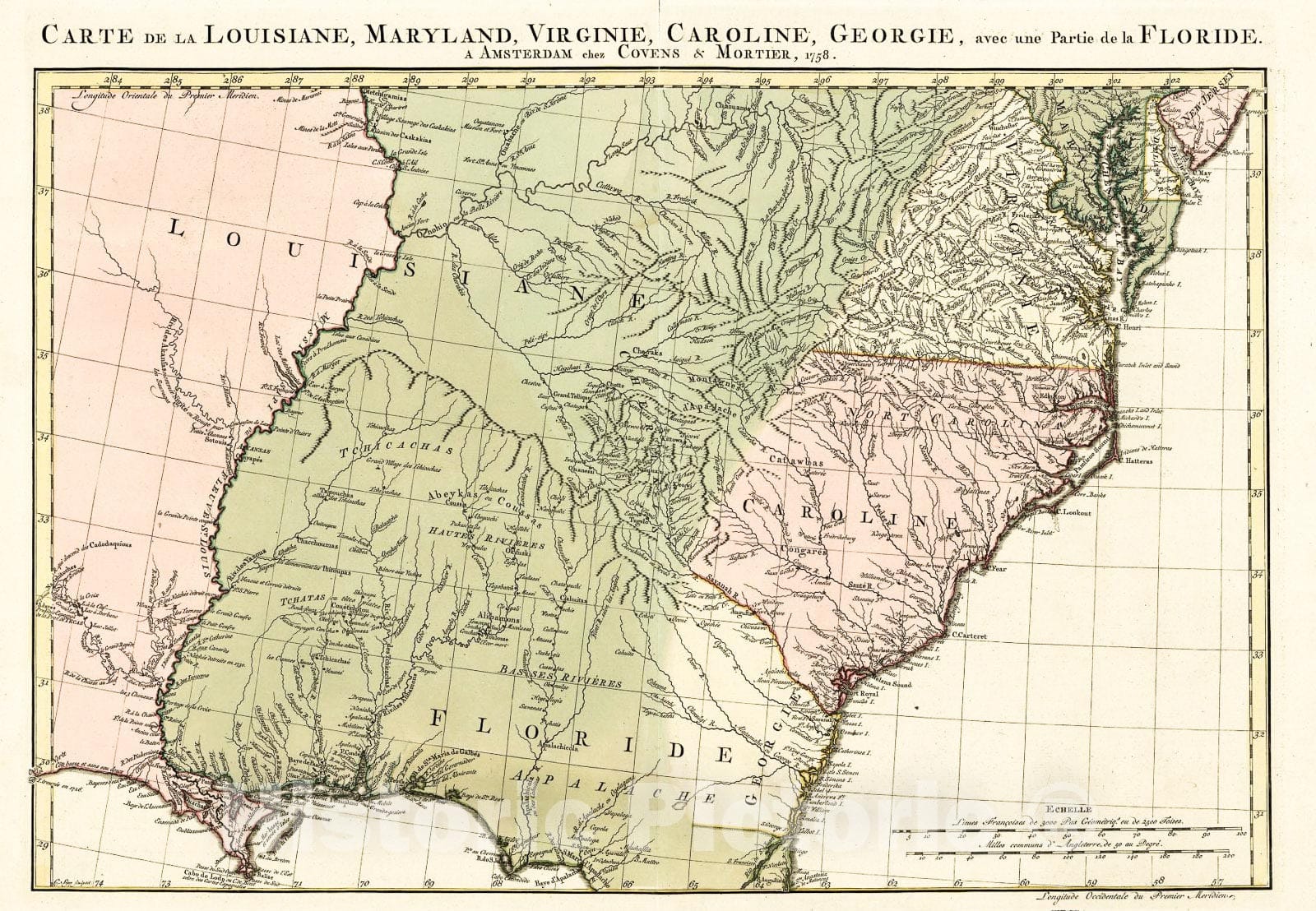 Historic 1758 Map - Carte de la Louisiane, Maryland, Virginie, Caroline, Georgie, avec une Partie de la Floride.