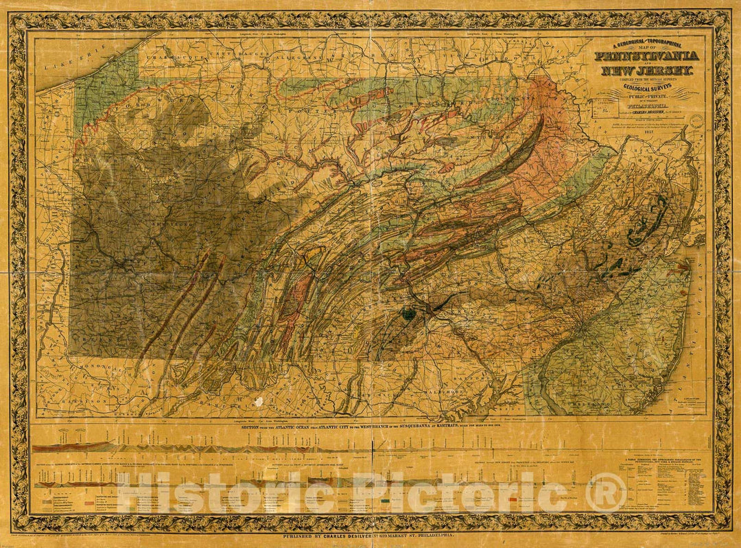 Historic 1857 Map - A Geological and Topographical map of Pennsylvania and New Jersey : compiled from The Official Reports of The Geological surveys