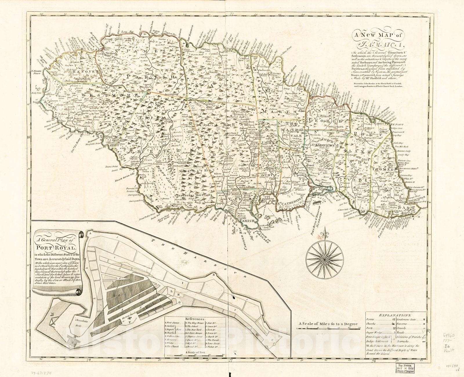 Historic 1770 Map - A New map of Jamaica; in which The Several Towns, forts, settlements are accurately Laid Down, as Well as The situations & Depths of The Most Noted harbours