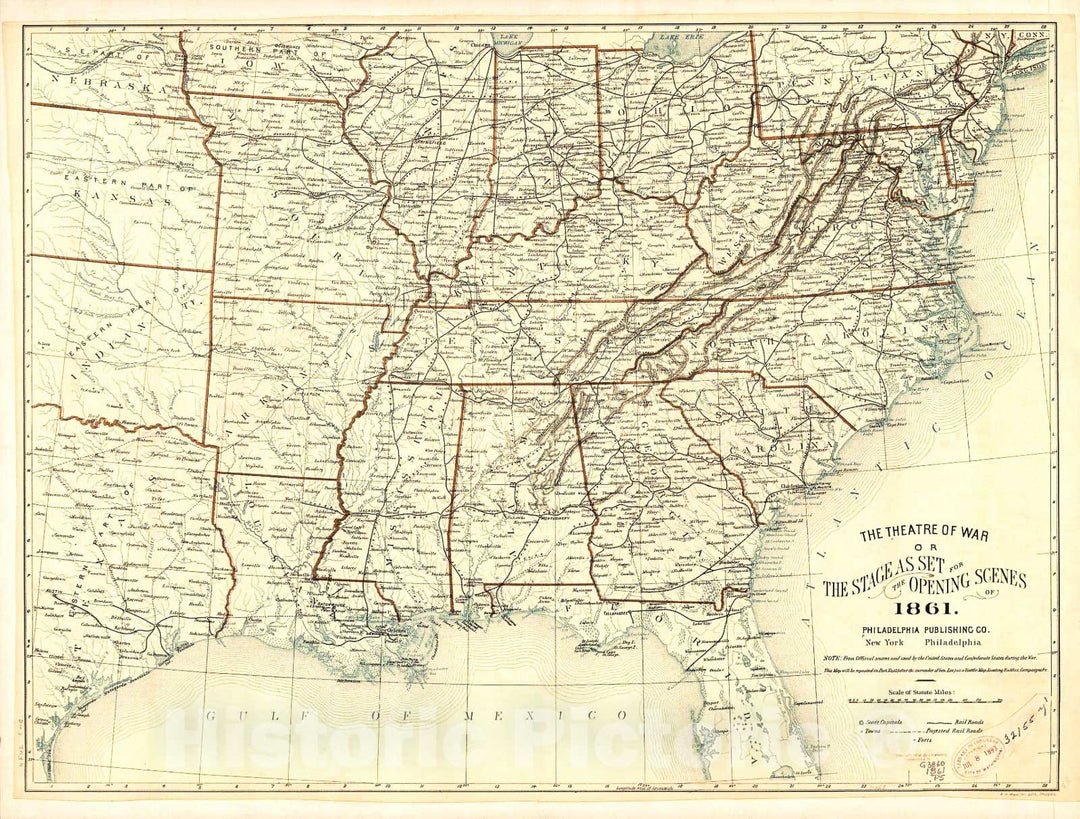 Historic 1893 Map - The Theatre of war or The Stage as Set for The Opening Scenes of 1861
