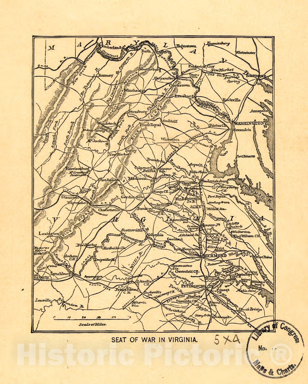 Historic 1865 Map - Seat of war in Virginia 1861-65
