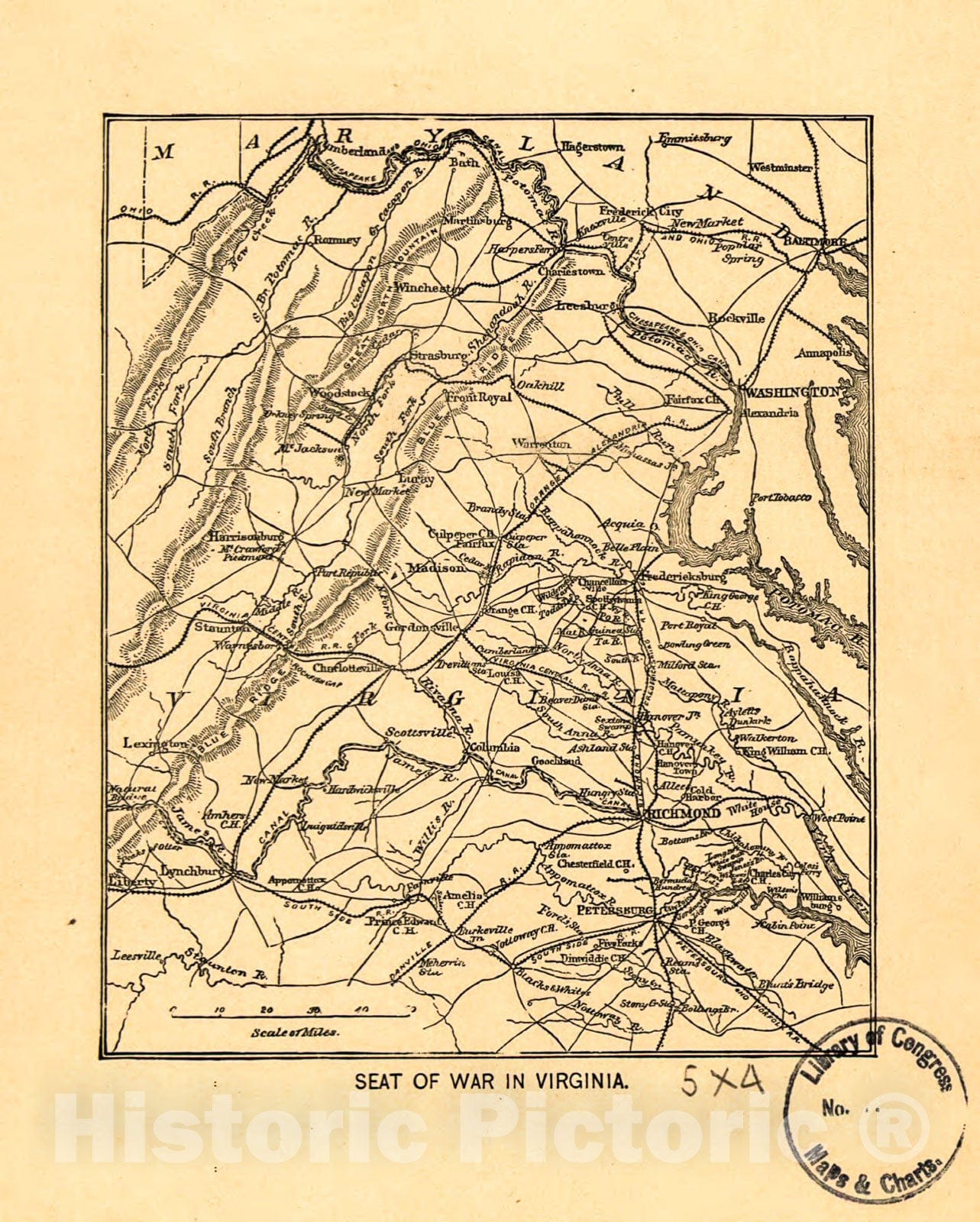 Historic 1865 Map - Seat of war in Virginia 1861-65