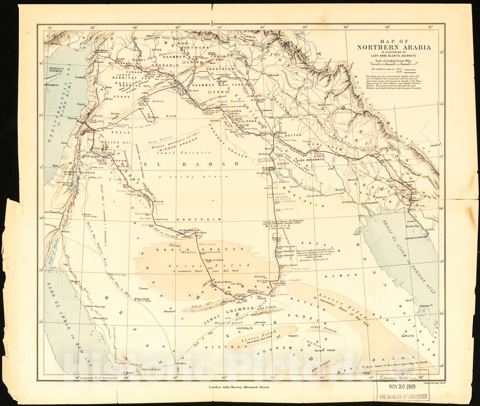 Historic 1949 Map - Map of Northern Arabia : in Illustration of Lady Anne Blunt's Journeys
