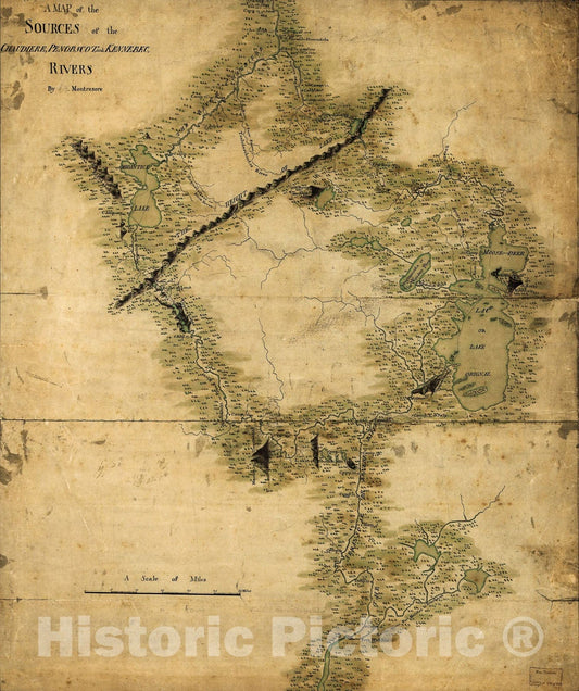 Historic 1761 Map - A map of The Sources of The ChaudiÃ¨re, Penobscot, and Kennebec Rivers,