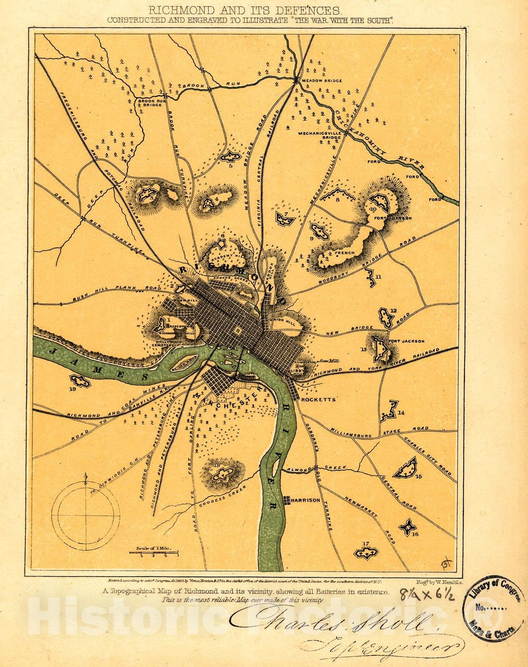 Historic 1863 Map - Richmond and its defences. Constructed and Engraved to illustrate;The war with The South;