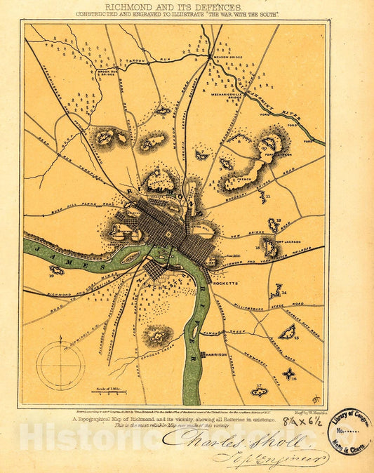 Historic 1863 Map - Richmond and its defences. Constructed and Engraved to illustrate;The war with The South;