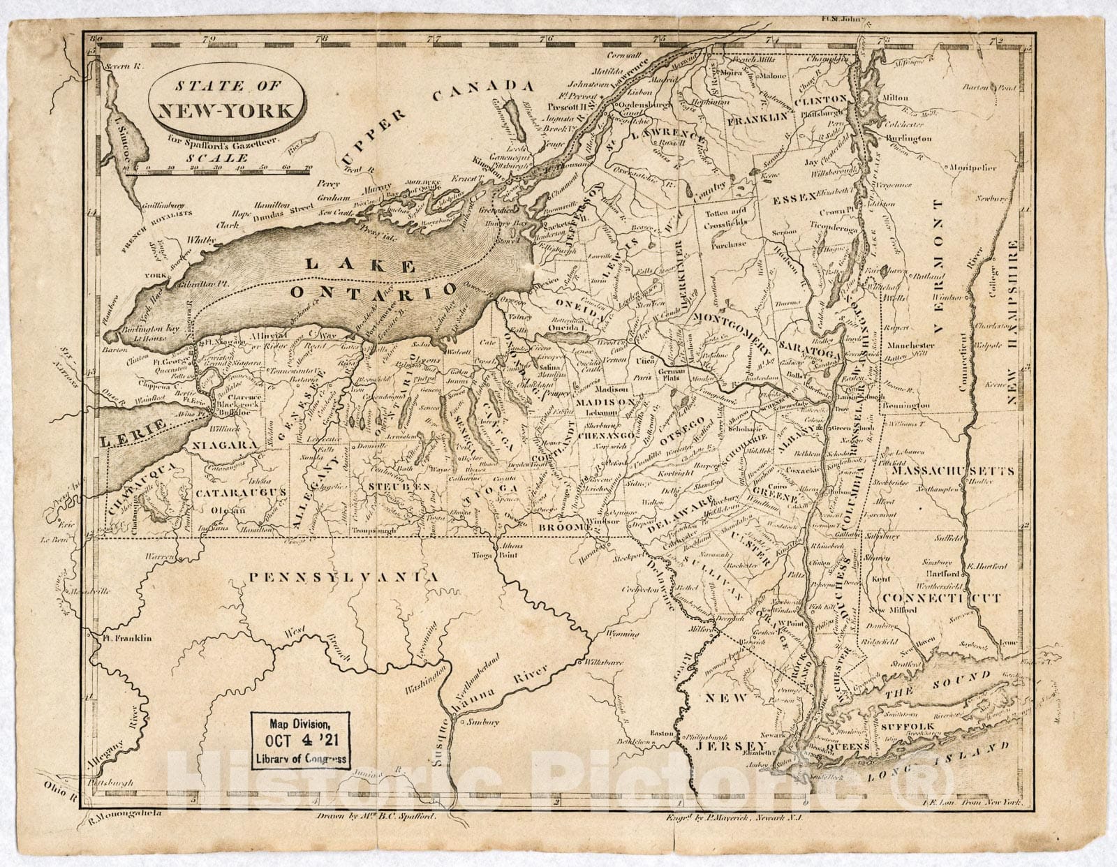 Historic 1813 Map - State of New-York for Spafford's Gazetteer