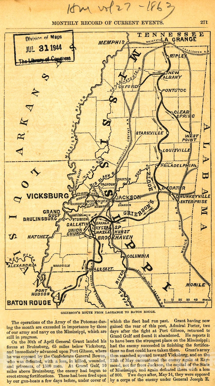 Historic 1863 Map - Grierson's Route from La Grange to Baton Rouge. April 17-May 2, 1863