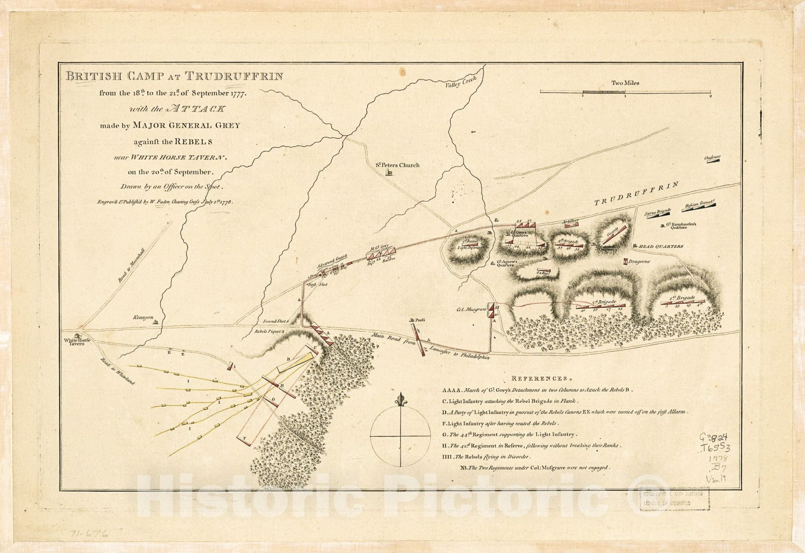 Historic 1778 Map - British Camp at Trudruffrin from The 18th. to The 21st. of September 1777, with The Attack Made by Major General Grey Against The Rebels Near White Horse Tavern