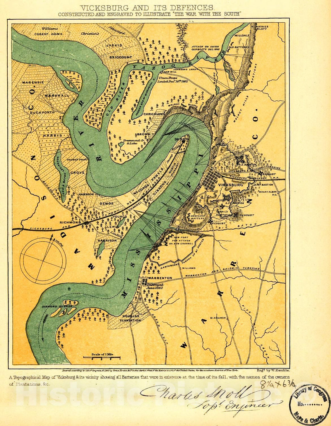 Historic 1863 Map - Vicksburg and its defences. Constructed and Engraved to illustrate;The war with The South;