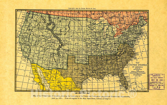 Historic 1905 Map - Map of The United States of America Showing The Boundaries of The Union and Confederate Geographical divisions and Departments, June 30, 1861.