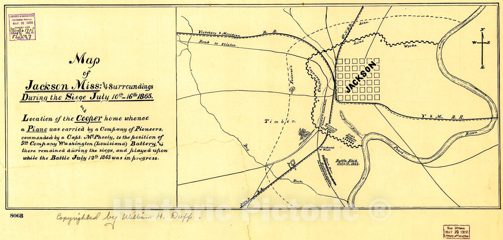 Historic 1908 Map - Map of Jackson, Miss: and surroundings During The Siege July 10th-16th, 1863, and Location of The Cooper Home whence a Piano was Carried by a Company of Pioneers,