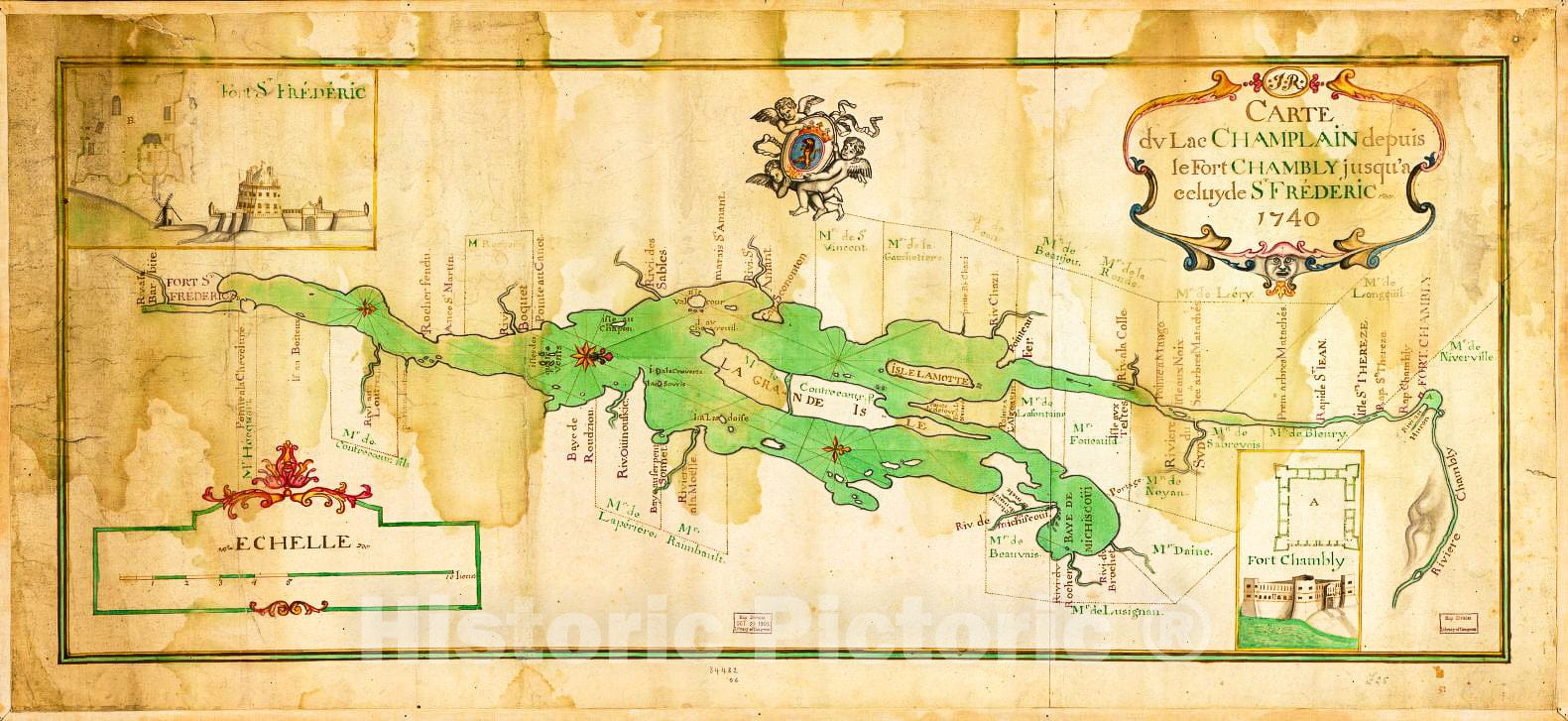 Historic 1740 Map - Carte du Lac Champlain Depuis le Fort Chambly jusqu'a celuyde St. FrÃ©deric.