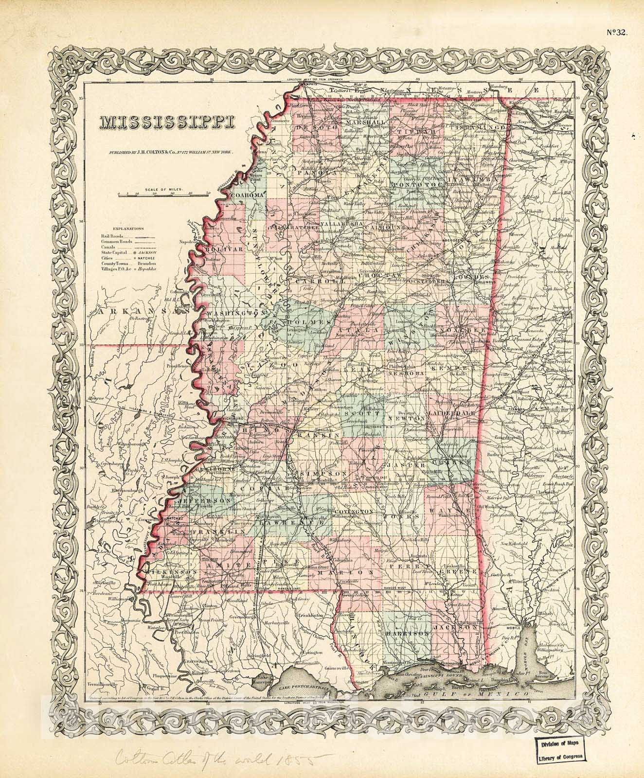 Historic 1855 Map - Mississippi.
