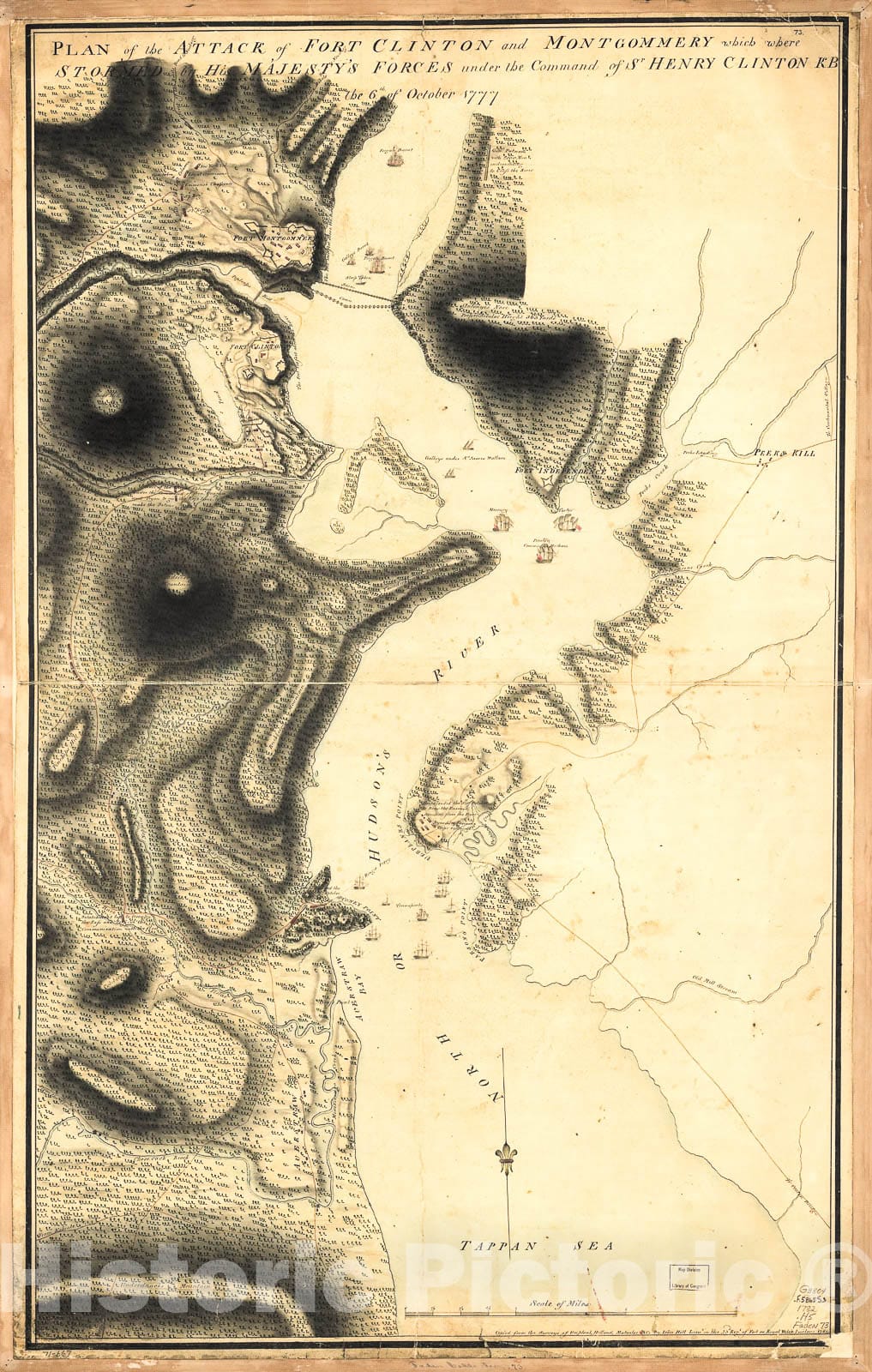 Historic 1782 Map - Plan of The Attack of Fort Clinton and Montgomery which Where sic stormed by His Majesty's Forces Under The Command of Sr. Henry Clinton, KB, The 6th of October 1777.