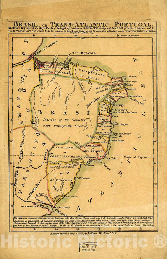 Historic 1808 Map - Brazil, or Trans-Atlantic Portugal.