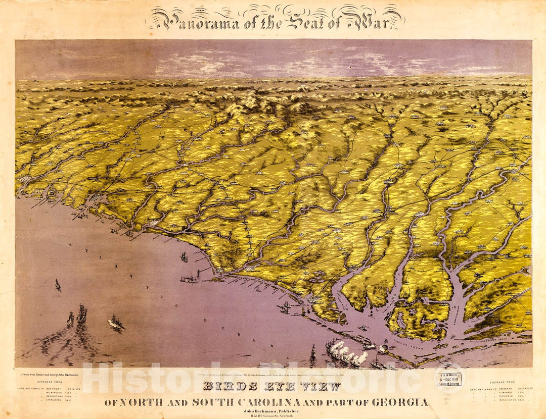 Historic 1861 Map - Panorama of The seat of war; Birds Eye View of North and South Carolina and Part of Georgia.