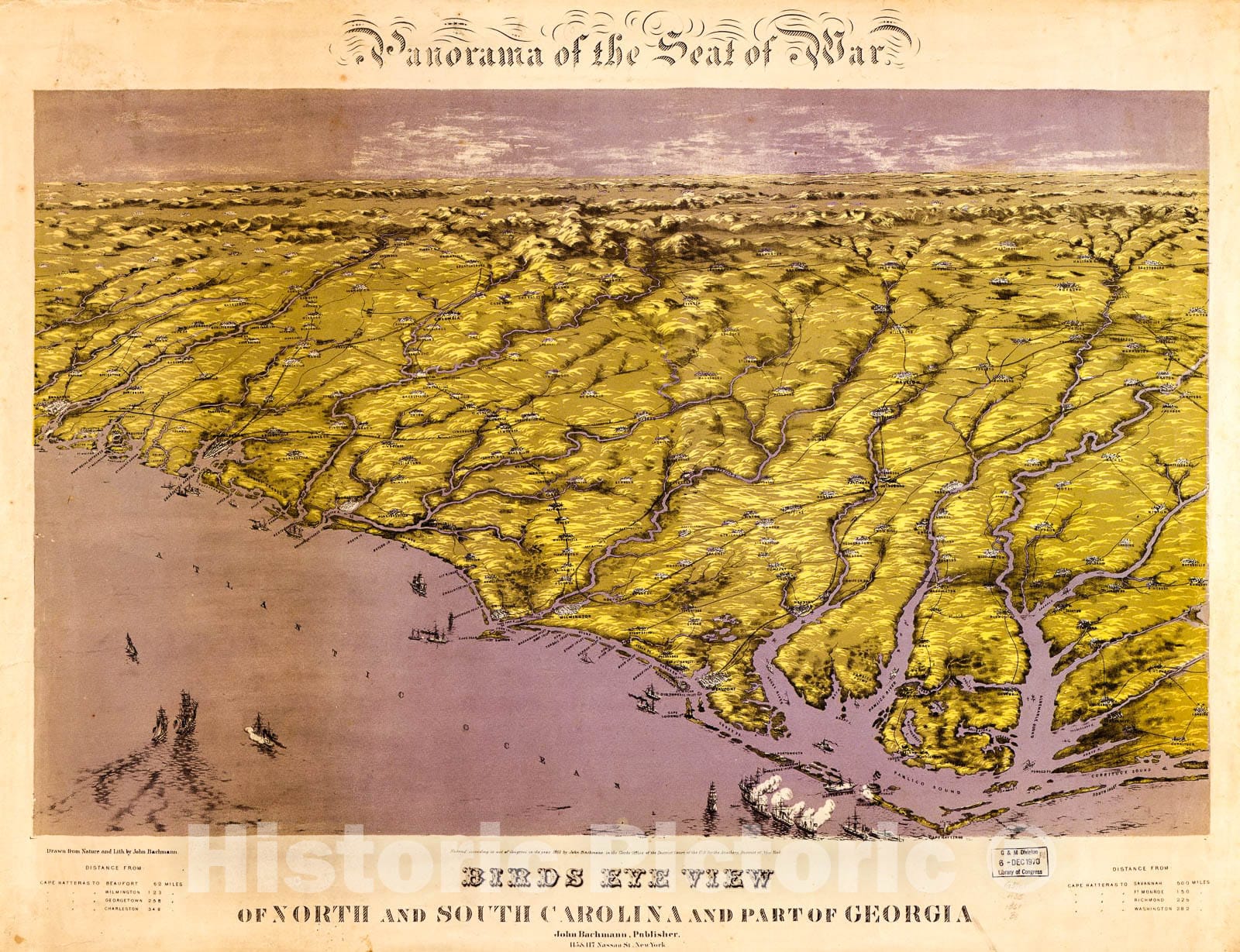 Historic 1861 Map - Panorama of The seat of war; Birds Eye View of North and South Carolina and Part of Georgia.