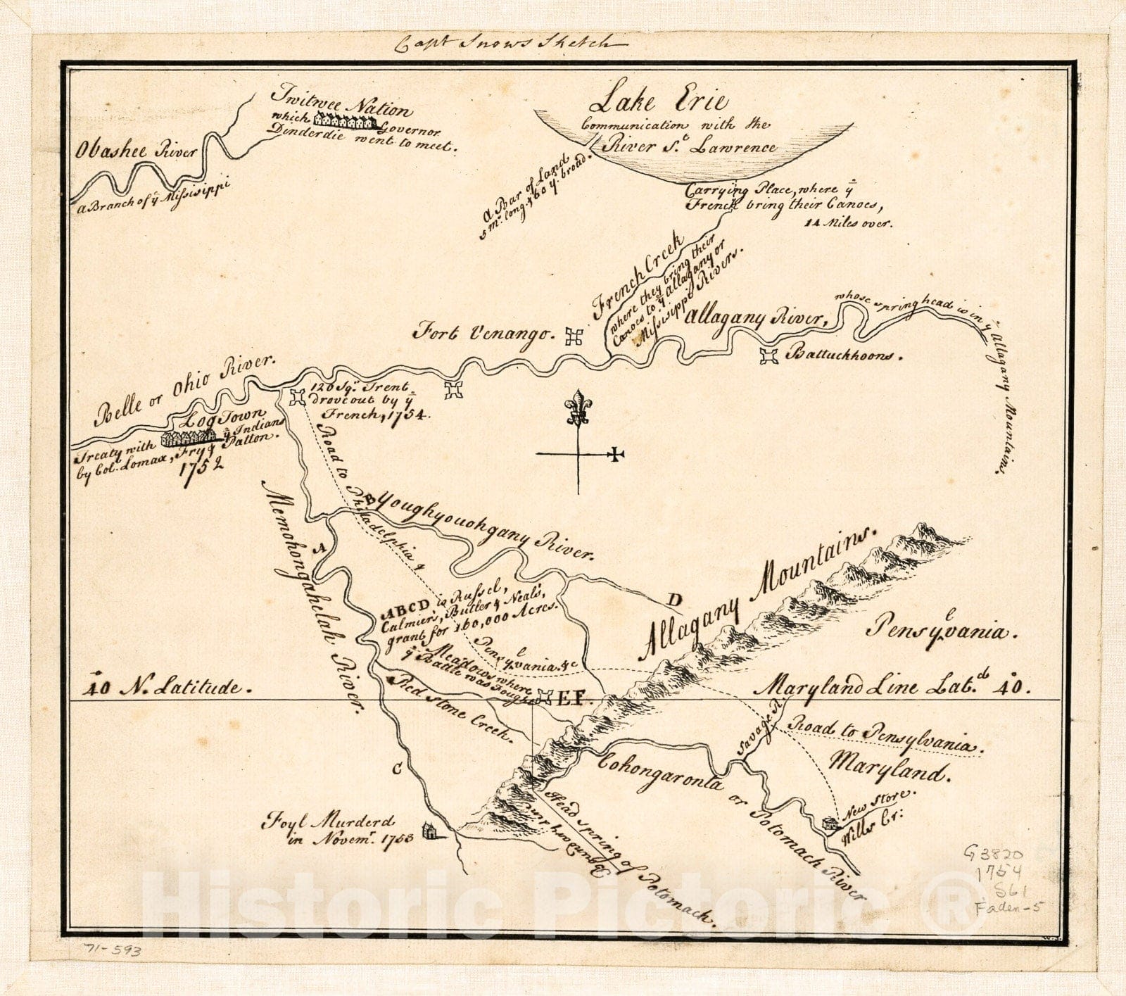 Historic 1754 Map - Captain Snow's Sketch.