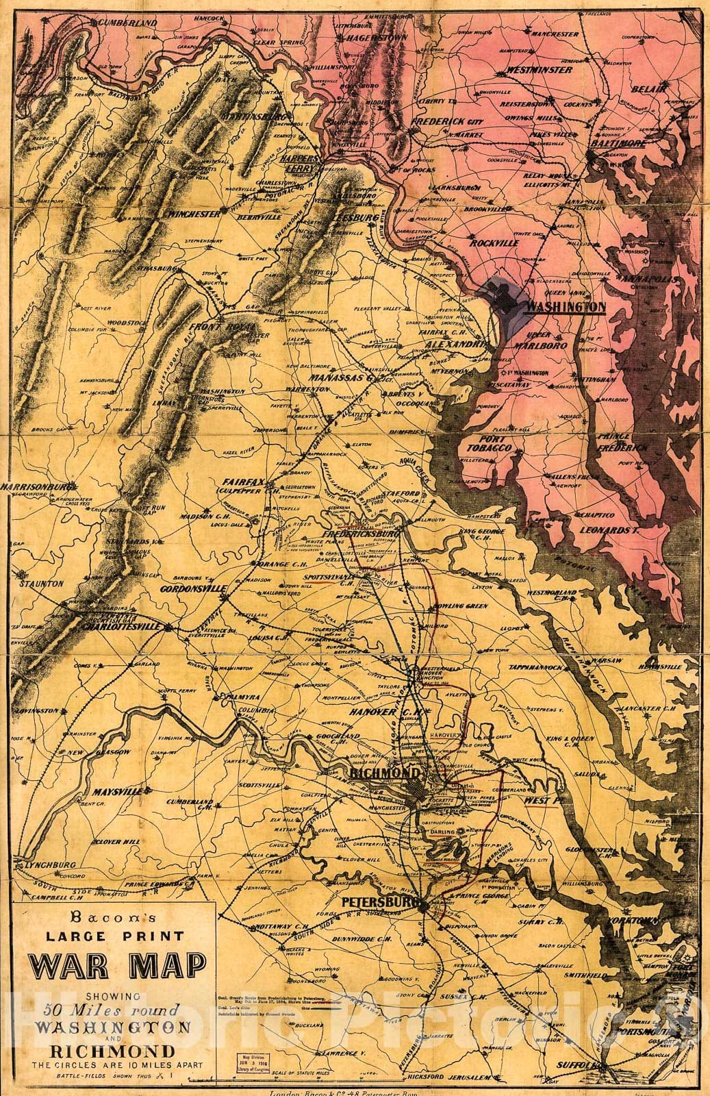 Historic 1864 Map - Bacon's Large Print war map Showing 50 Miles Round Washington and Richmond.