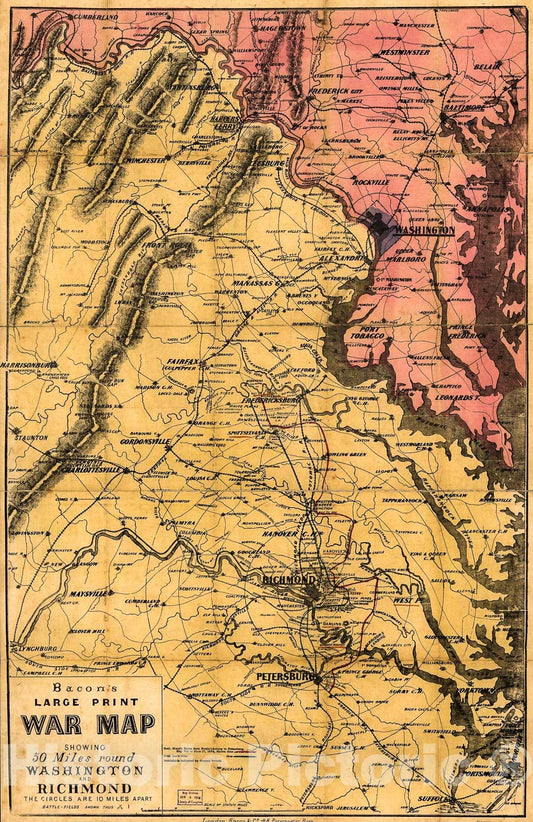 Historic 1864 Map - Bacon's Large Print war map Showing 50 Miles Round Washington and Richmond.