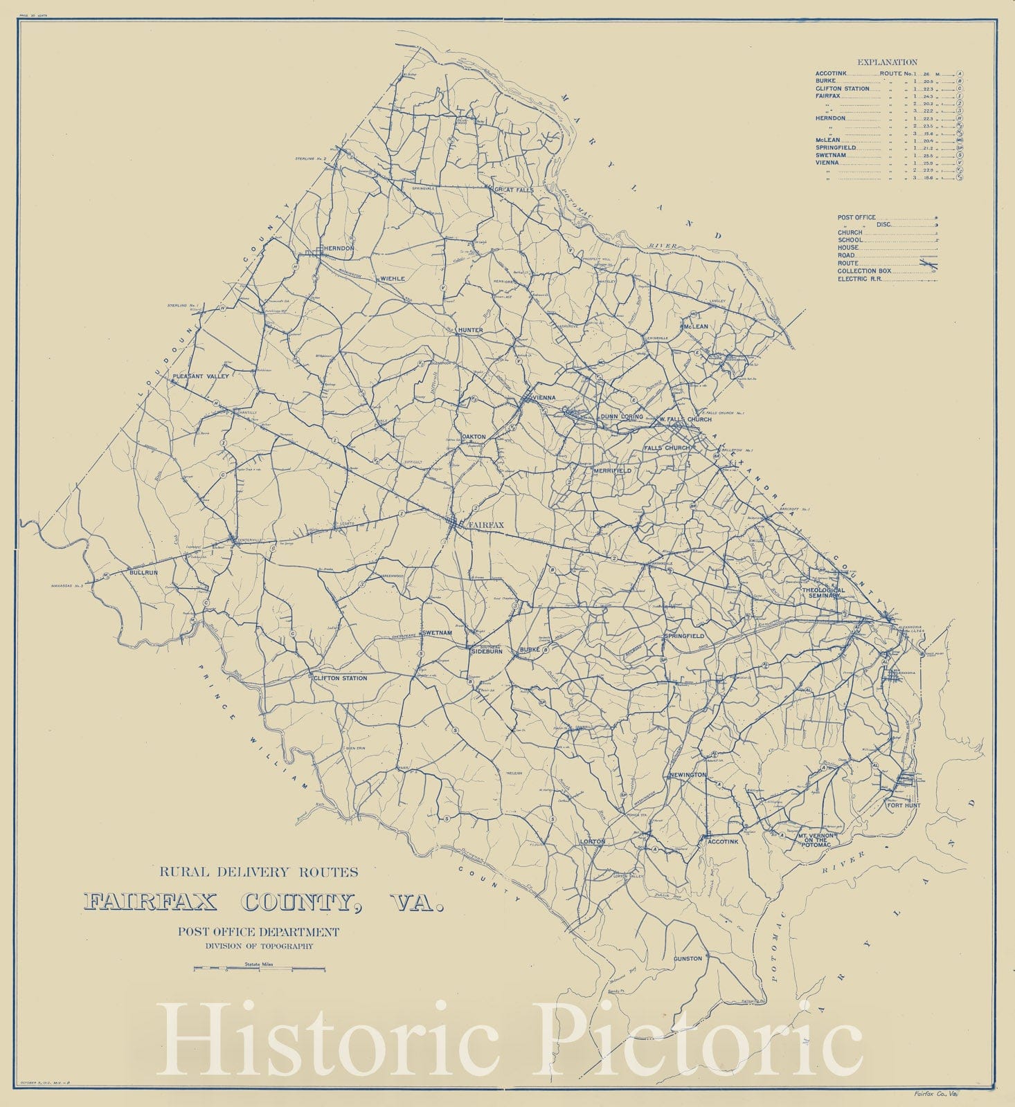 Historic 1912 Map - Rural Delivery Routes; Fairfax County, Va.