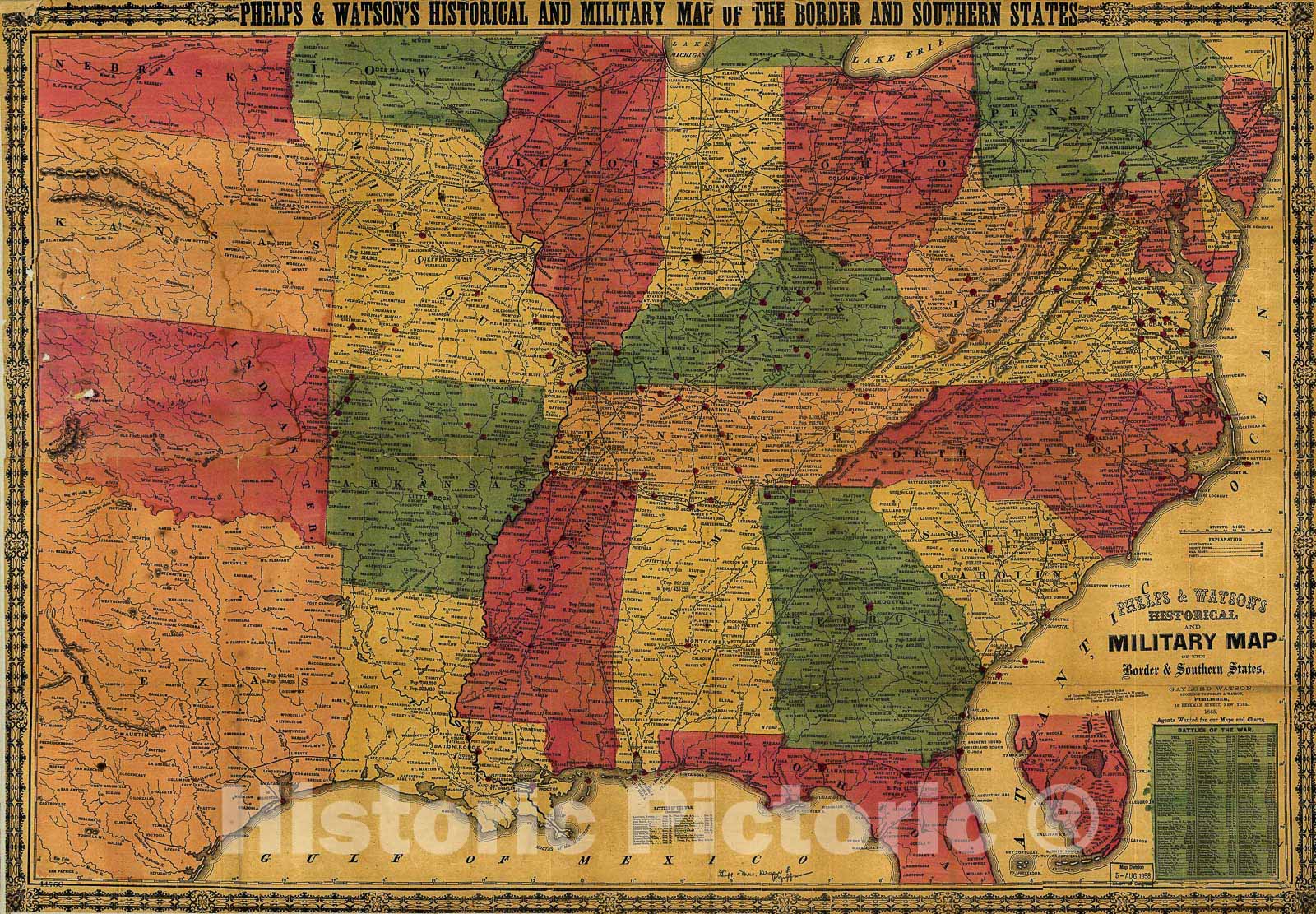 Historic 1865 Map - Phelps & Watson's Historical and Military map of The Border & Southern States.