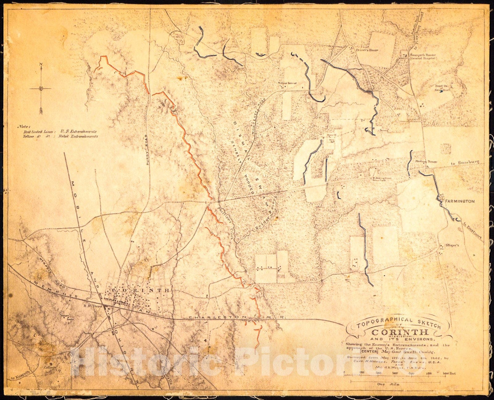 Historic 1862 Map - Topographical Sketch of Corinth, Mississippi and its Environs: Showing The enemy's entrenchments, and The Approach of The U.S. Forces