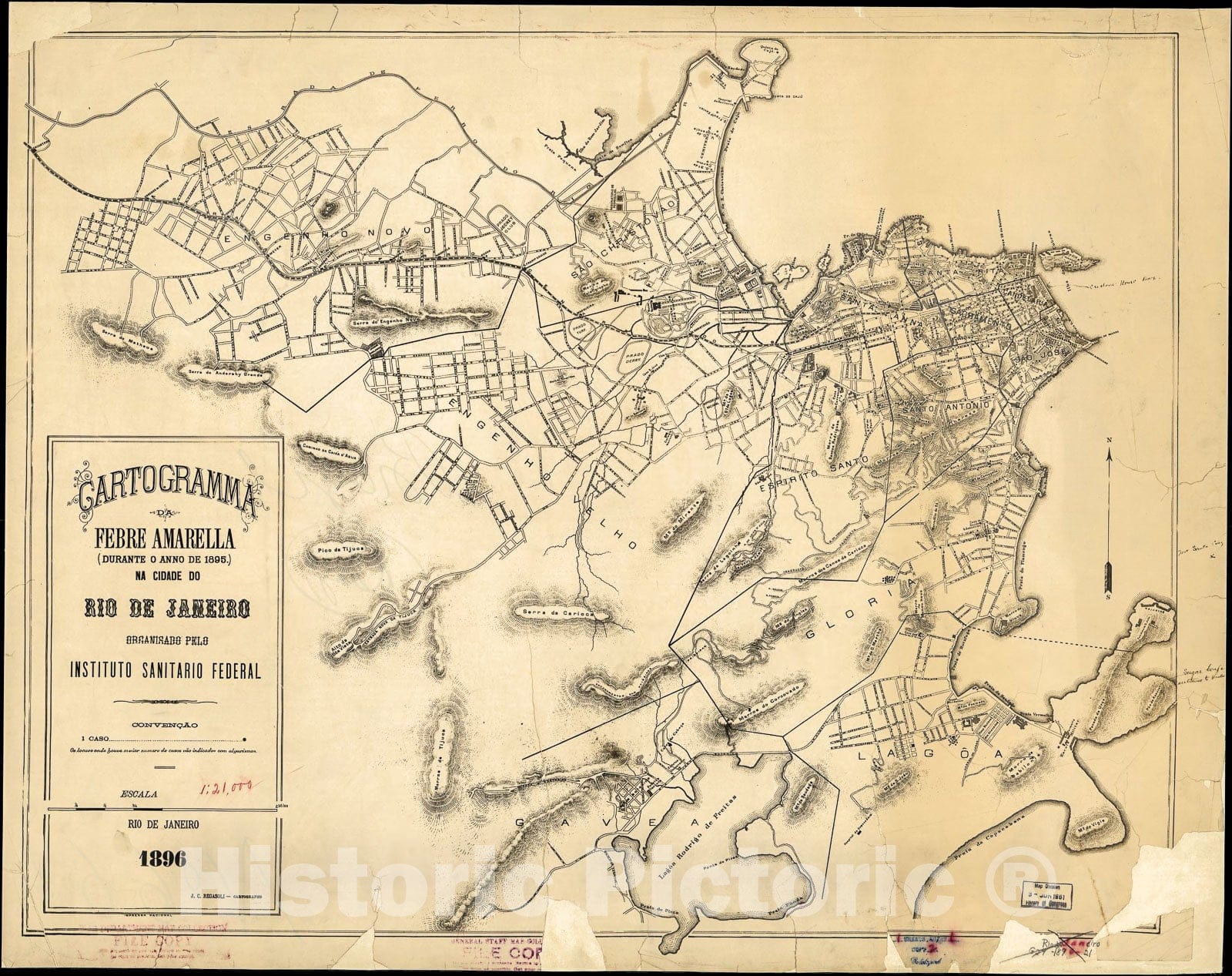 Historic 1896 Map - Cartogramma da febre amarella (Durante o Anno de 1895) na Cidade do Rio de Janeiro