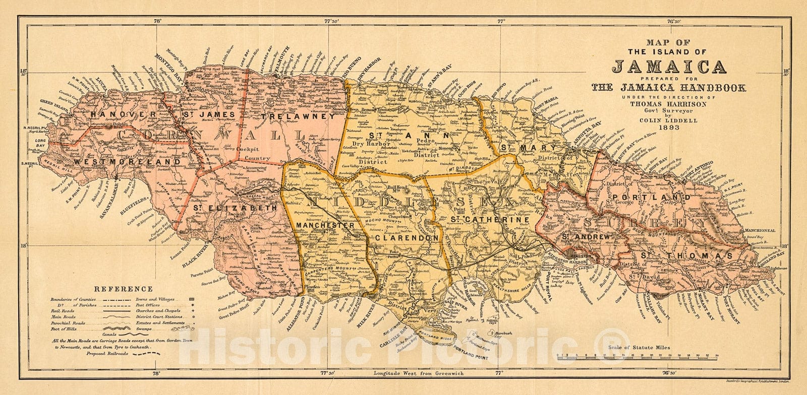 Historic 1893 Map - Map of The Island of Jamaica