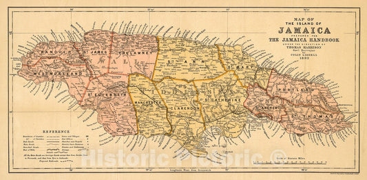 Historic 1893 Map - Map of The Island of Jamaica