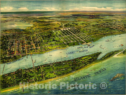 Historic 1915 Map - Panoramic View of West Palm Beach, North Palm Beach and Lake Worth