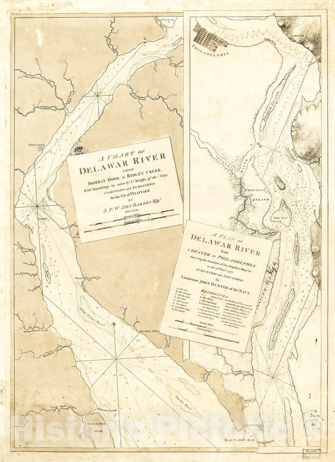 Historic 1779 Map - A Chart of Delawar River from Bombay Hook to Ridley Creek, with soundings &c Taken by Lt. Knight of The Navy.