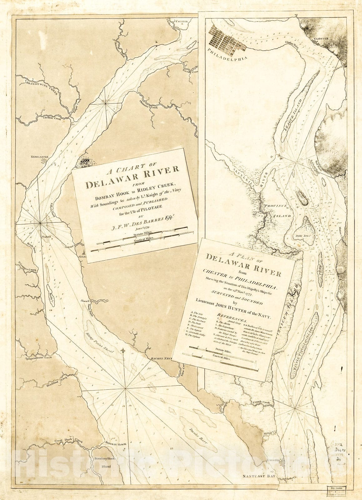 Historic 1779 Map - A Chart of Delawar River from Bombay Hook to Ridley Creek, with soundings &c Taken by Lt. Knight of The Navy.