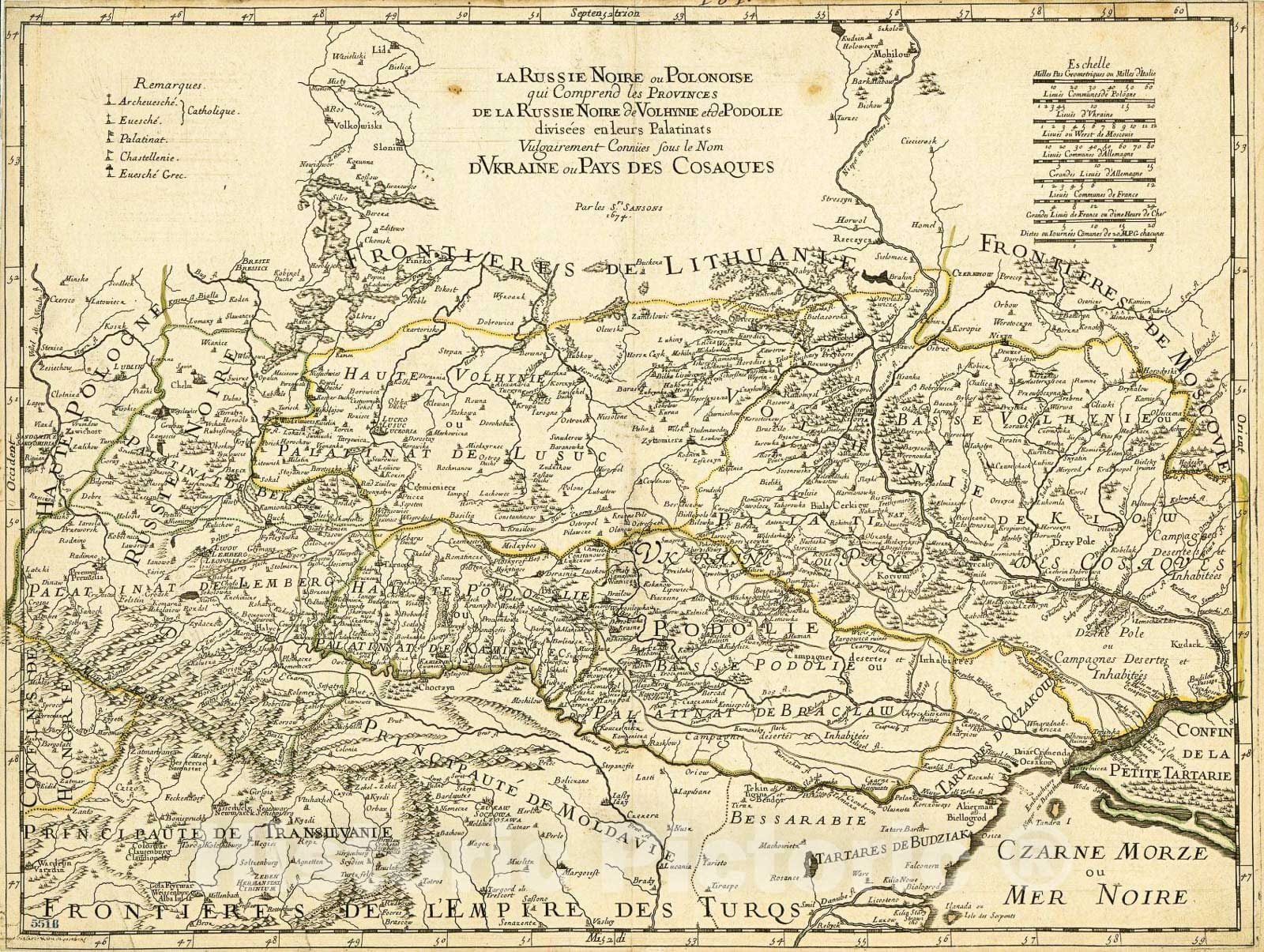 Historic 1674 Map - La Russie Noire ou Polonaise : qui comprend les Provinces de la Russie Noire de Volhynie et de Podolie divisÃ©es en leurs palatinats