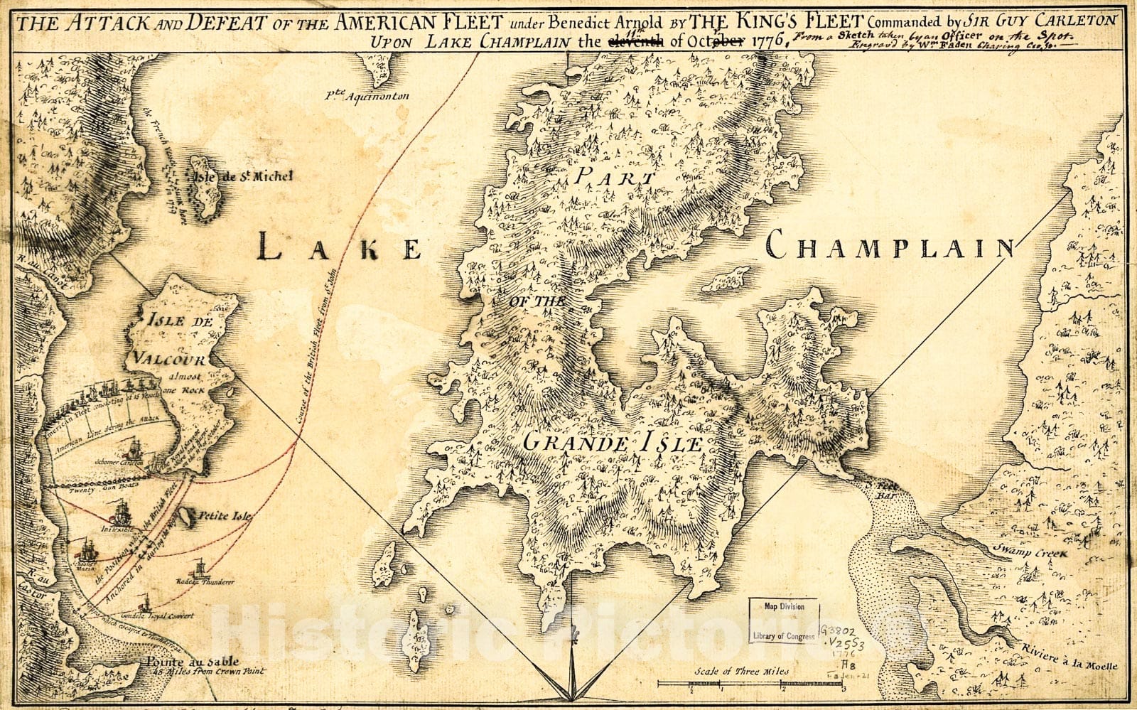 Historic 1776 Map - The Attack and Defeat of The American Fleet Under Benedict Arnold, by The Kings Fleet commanded by Captn. Thos. Pringle, Upon Lake Champlain, The 11th of October, 1776.