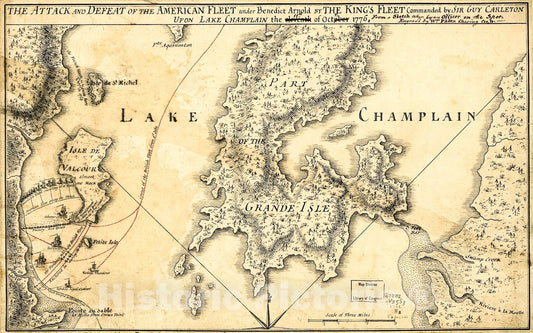 Historic 1776 Map - The Attack and Defeat of The American Fleet Under Benedict Arnold, by The Kings Fleet commanded by Captn. Thos. Pringle, Upon Lake Champlain, The 11th of October, 1776.