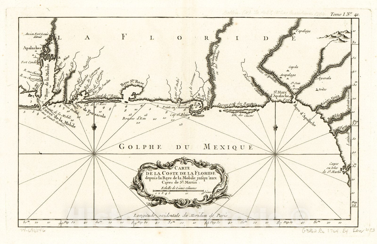 Historic 1764 Map - Carte de la Coste de la Floride Depuis la baye de la Mobile jusqu' aux cayes de St. Martin.