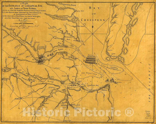 Historic 1781 Map - A Plan of The Entrance of Chesapeak sic Bay, with James and York Rivers; wherein are Shewn The respective Positions (in The Beginning of October)