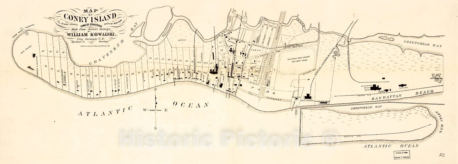 Historic 1879 Map - Map of Coney Island, Town of Gravesend, Kings County, State of New York