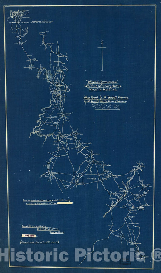 Historic 1864 Map - ;Atlanta Campaign; Left Wing 16th Army Corps, May 4th to Sept. 8th, 1864 : Maj. Genl. G.M. Dodge, comdg, Genls. Corse and Burke, comdg. divisions