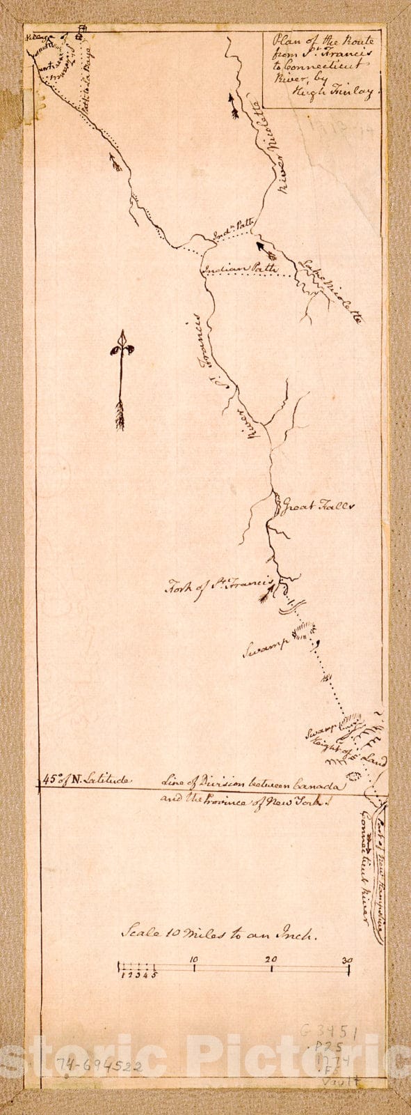 Historic 1774 Map - Plan of The Route from St. Francis to Connecticut River,
