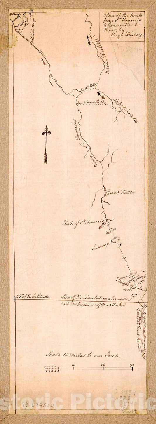Historic 1774 Map - Plan of The Route from St. Francis to Connecticut River,