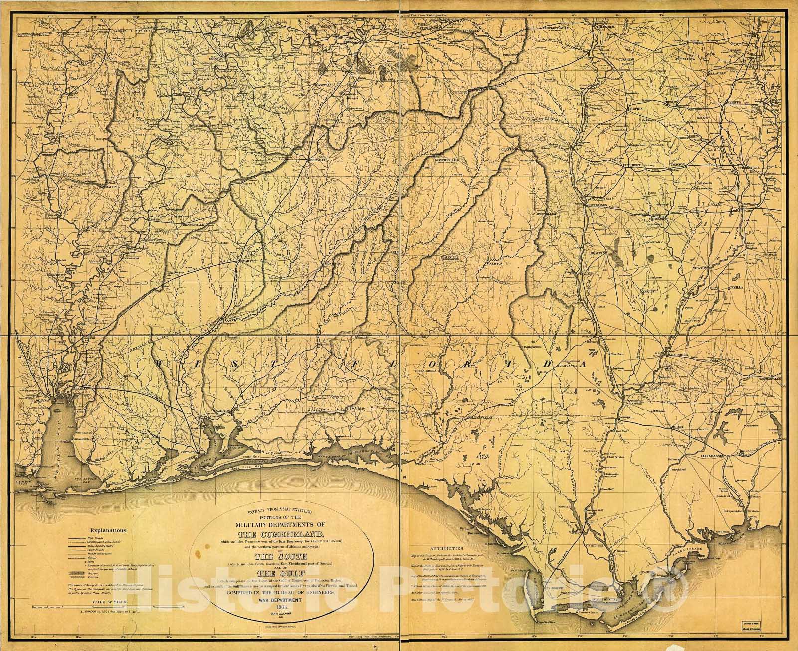 Historic 1863 Map - Extract from a map Entitled portions of The Military Departments of The Cumberland of The South and of The Gulf