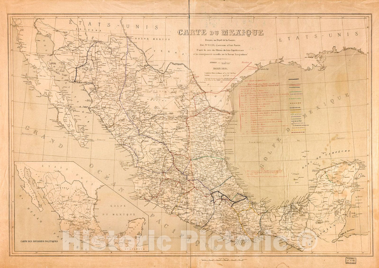 Historic 1881 Map - Carte du Mexique